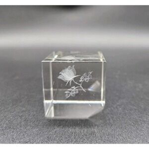 3D Laser Etched Rose Crystal Glass‎ Cube Paperweight